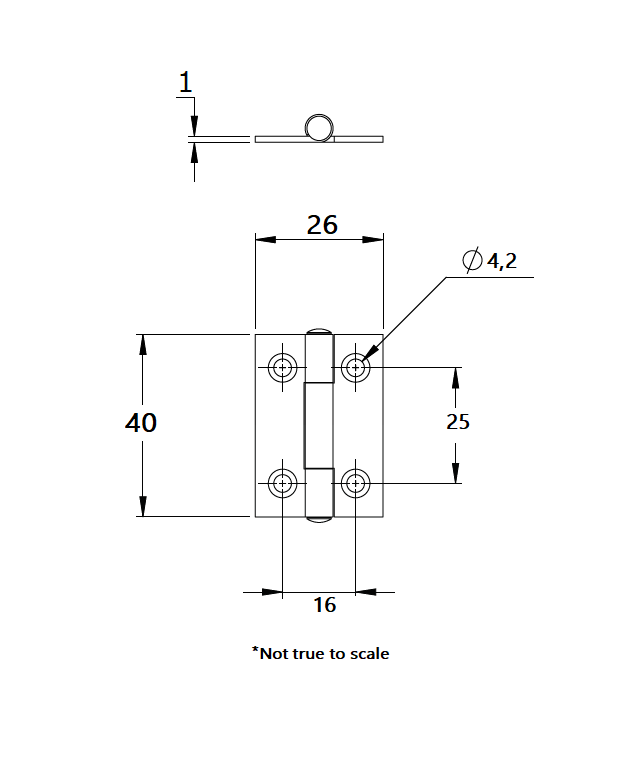 Butt hinge w/holes, stainless steel, L=40, B=26,5, T=1