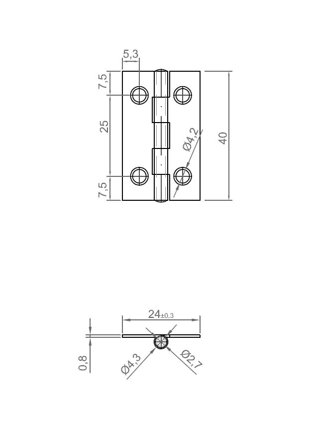 Butt hinge w/holes, stainless steel, L=40, B=24, T=0,8