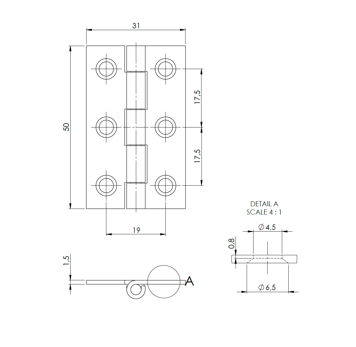Butt hinge w/holes, stainless steel, L=50, B=31, T=1,5