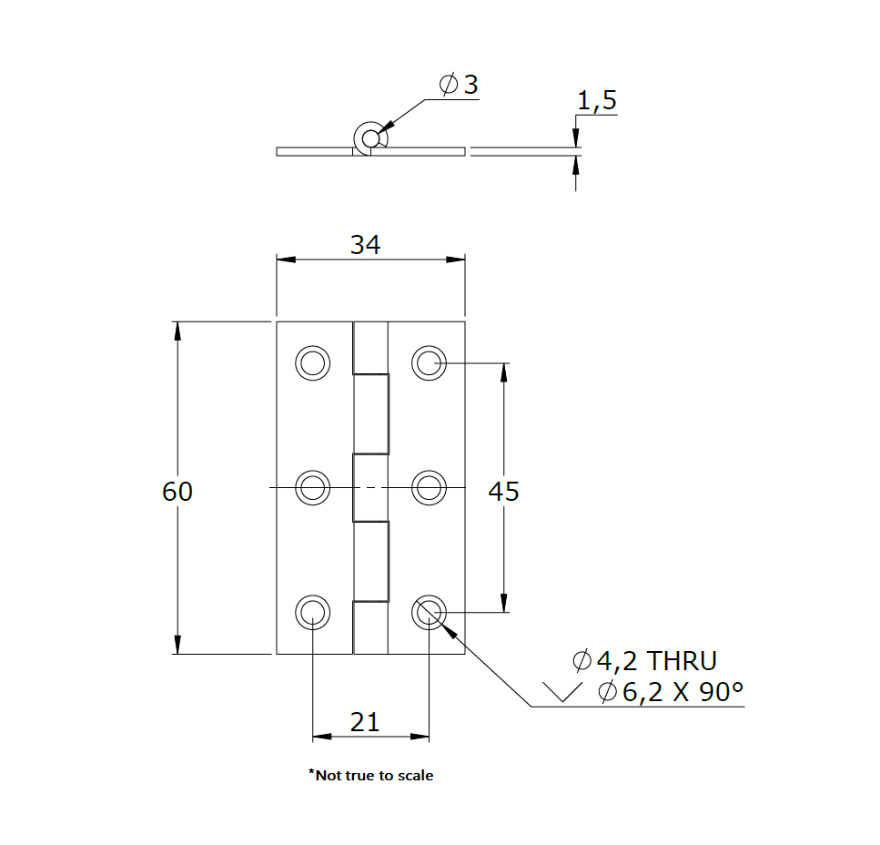 Butt hinge w/holes, stainless steel, L=60, B=34, T=1,5