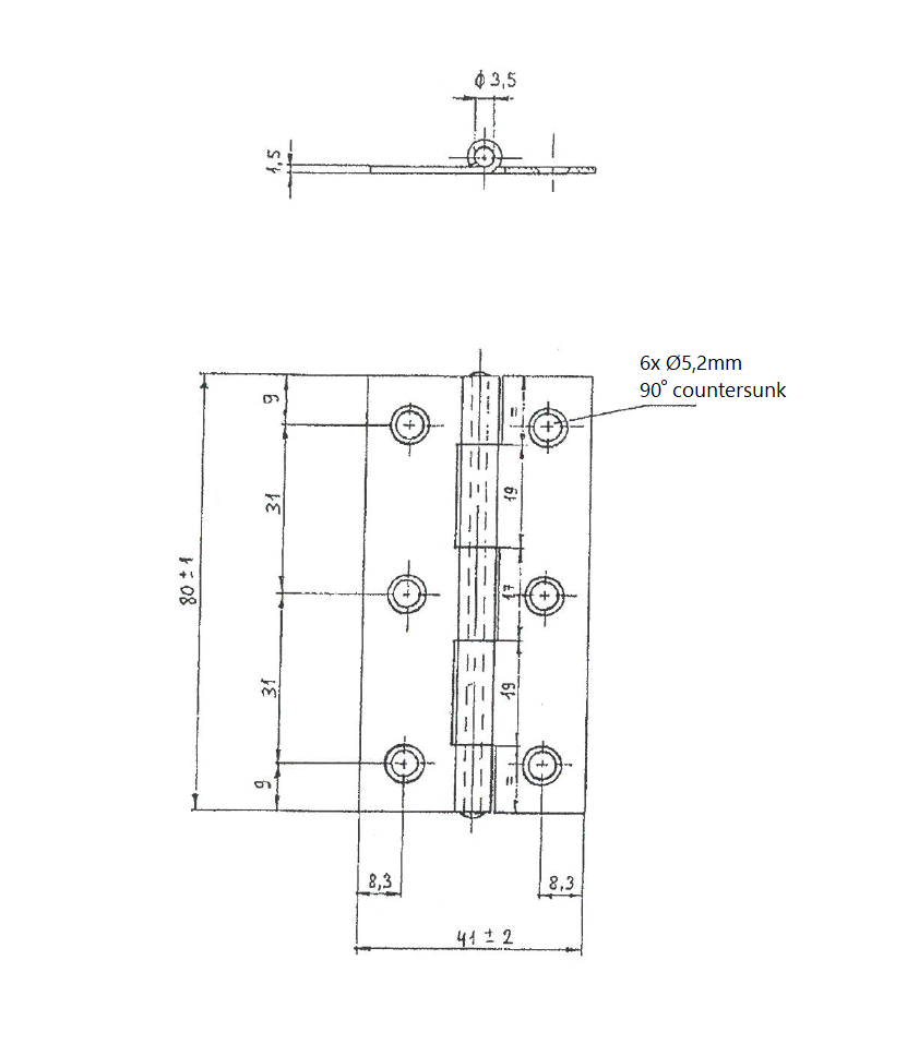 Butt hinge w/holes, stainless steel, L=80, B=41, T=1,5