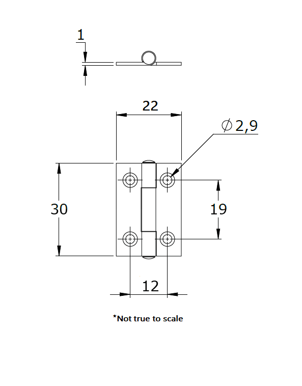 Butt hinge w/holes, steel, L=30, B=22, T=1