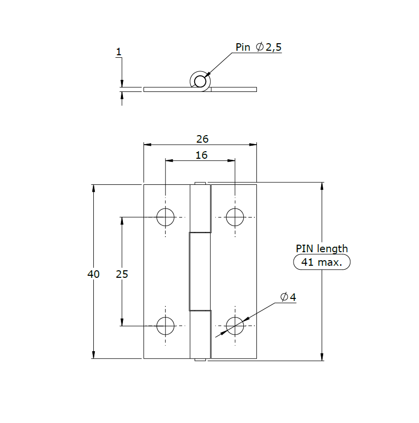 Butt hinge w/holes, steel, L=40, B=26, T=1