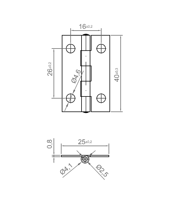 Butt hinge w/holes, steel, L=40, B=25, T=0,8