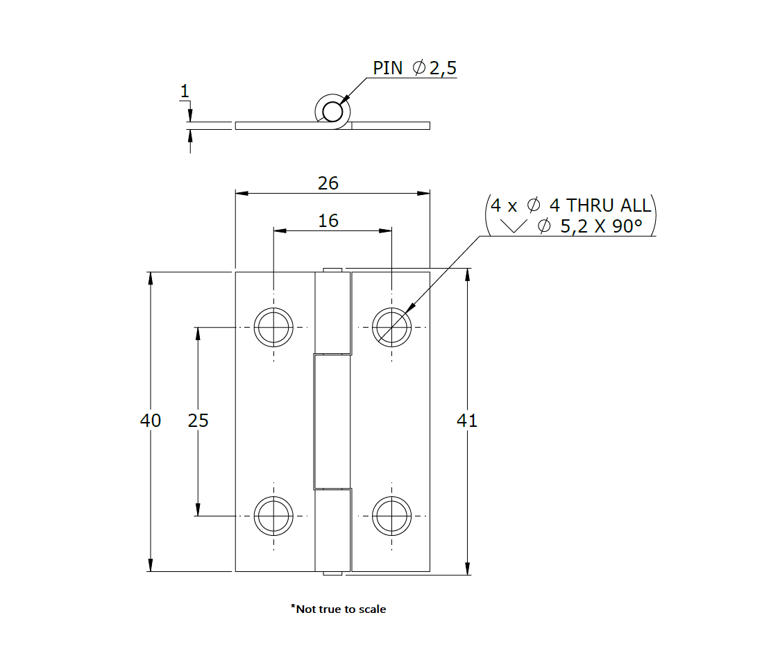 Butt hinge w/holes, steel, L=40, B=26, T=1