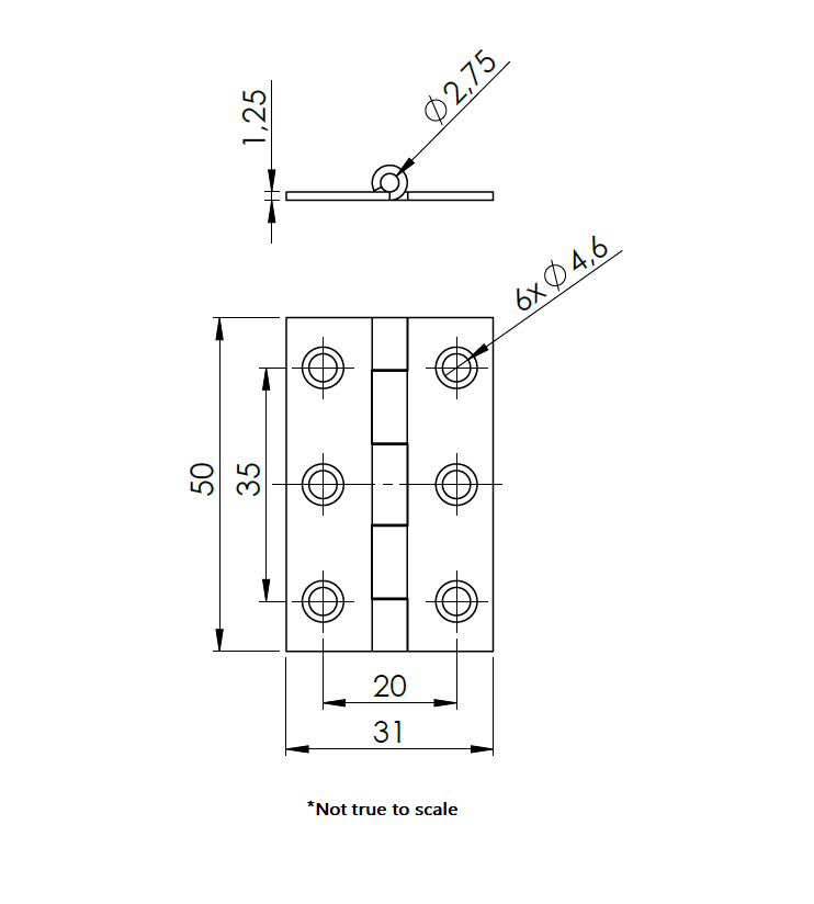 Butt hinge w/holes, steel, L=50, B=31, T=1,25