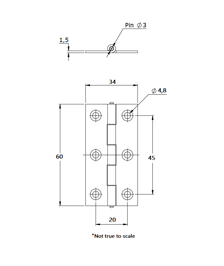 Butt hinge w/holes, steel, L=60, B=34, T=1,5
