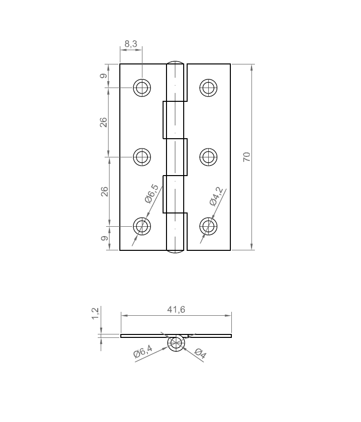 Butt hinge w/holes, steel, L=70, B=41,6, T=1,2