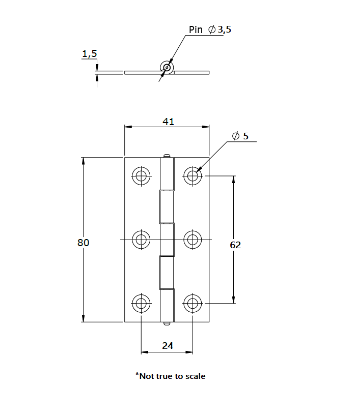Butt hinge w/holes, steel, L=80, B=41, T=1,5
