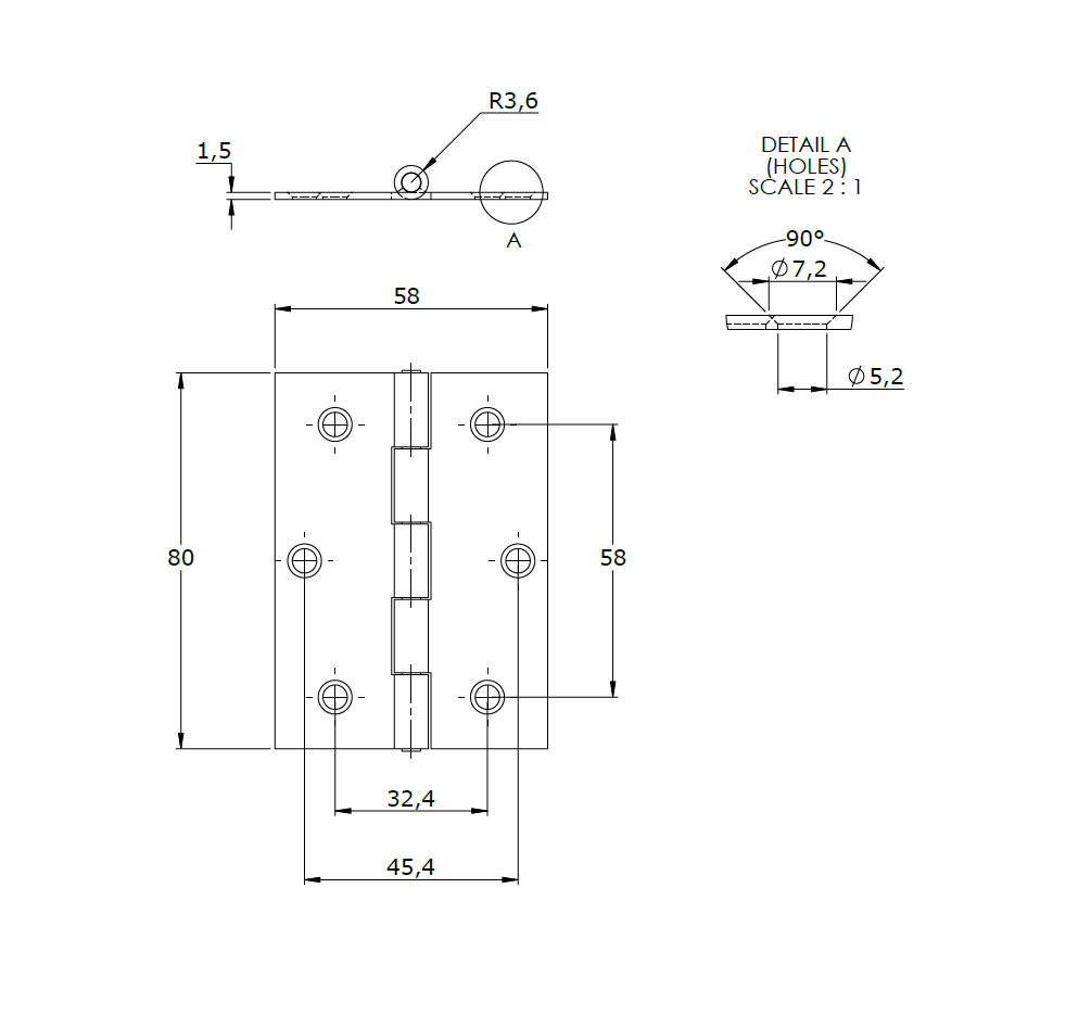 Butt hinge w/holes, steel, L=80, B=58, T=1,5