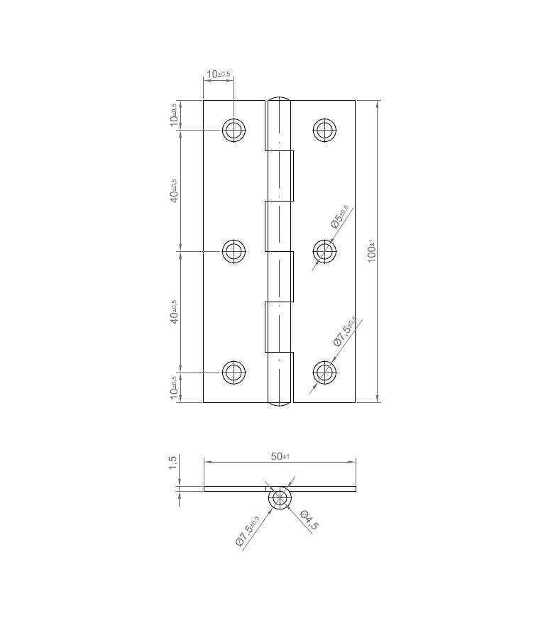 Butt hinge w/holes, steel, L=100, B=50, T=1,5