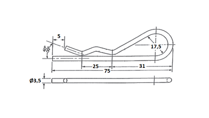 Open sealing pin, electro zinc plated steel, L=75mm, H=24,5mm, tread diameter=3,5mm