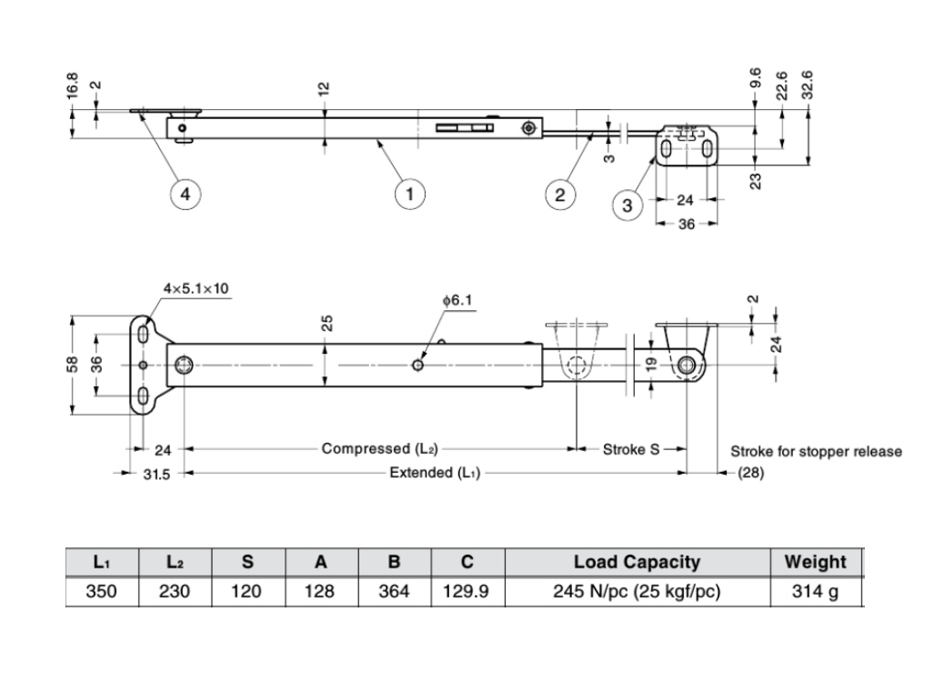 Lid stay, stainless steel, 1 position(s), L=230mm, Ø5,1mm holes