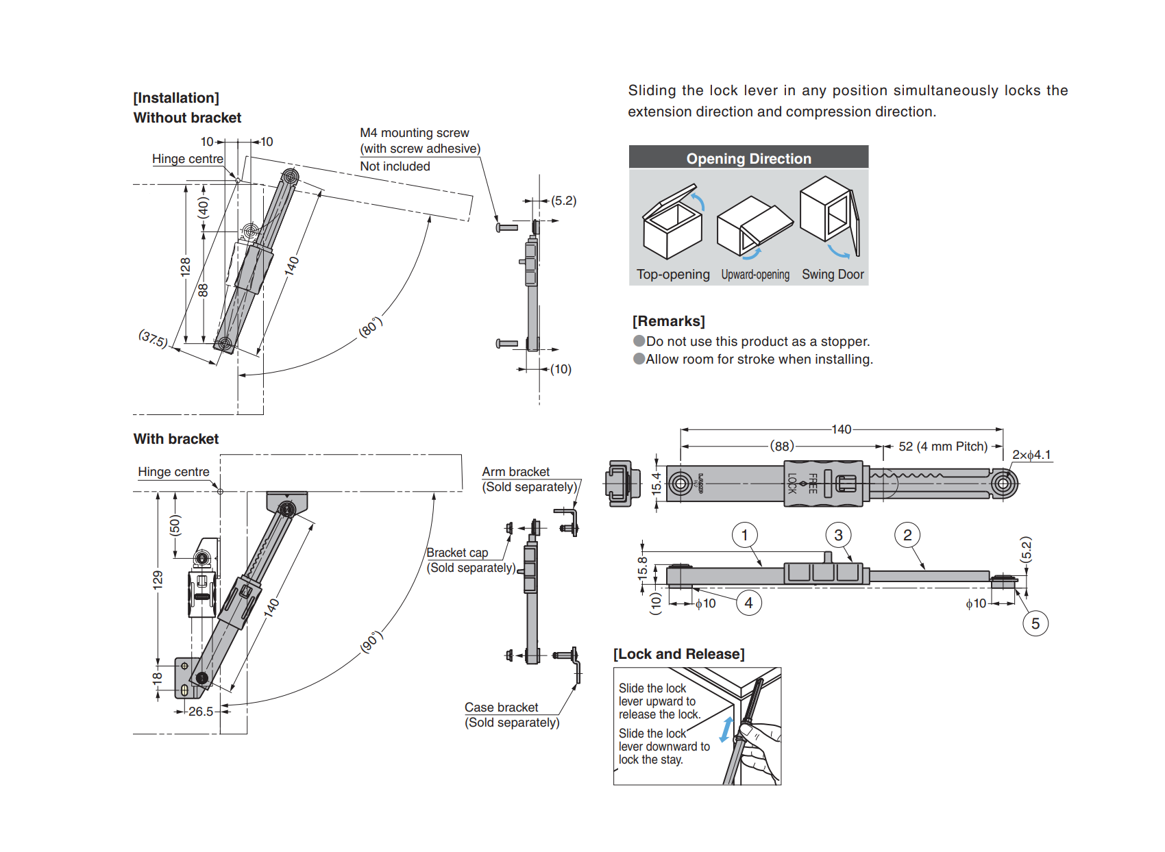 Lid stay, stainless steel, multi position(s), L=88mm, Ømm holes