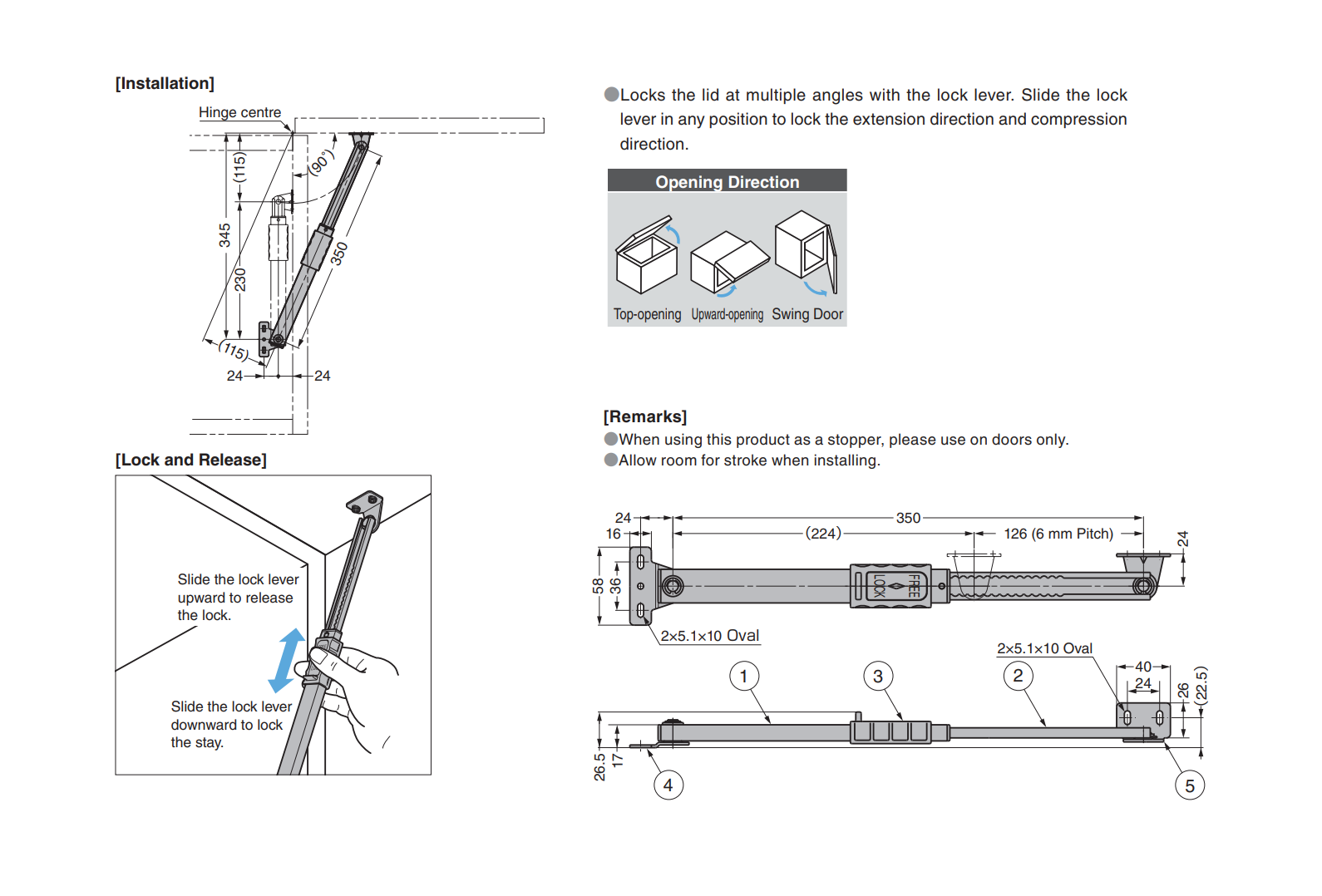 Lid stay, stainless steel, multi position(s), L=224mm, Ø5,1mm holes