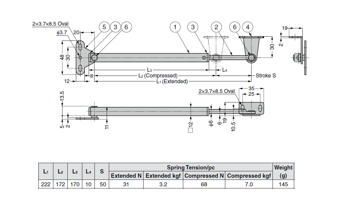 Lid stay, stainless steel, 1 position(s), spring-loaded, L=172mm, Ø3,7mm holes