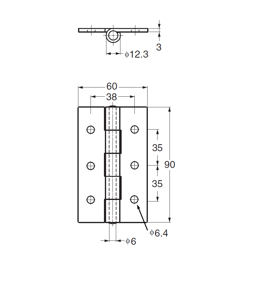 Butt hinge w/holes, stainless steel, L=90, B=60, T=3
