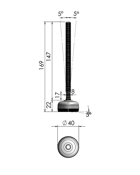 Levelling foot, acid proof stainless steel, fixed threaded spindle, M10, base diameter = 40 mm