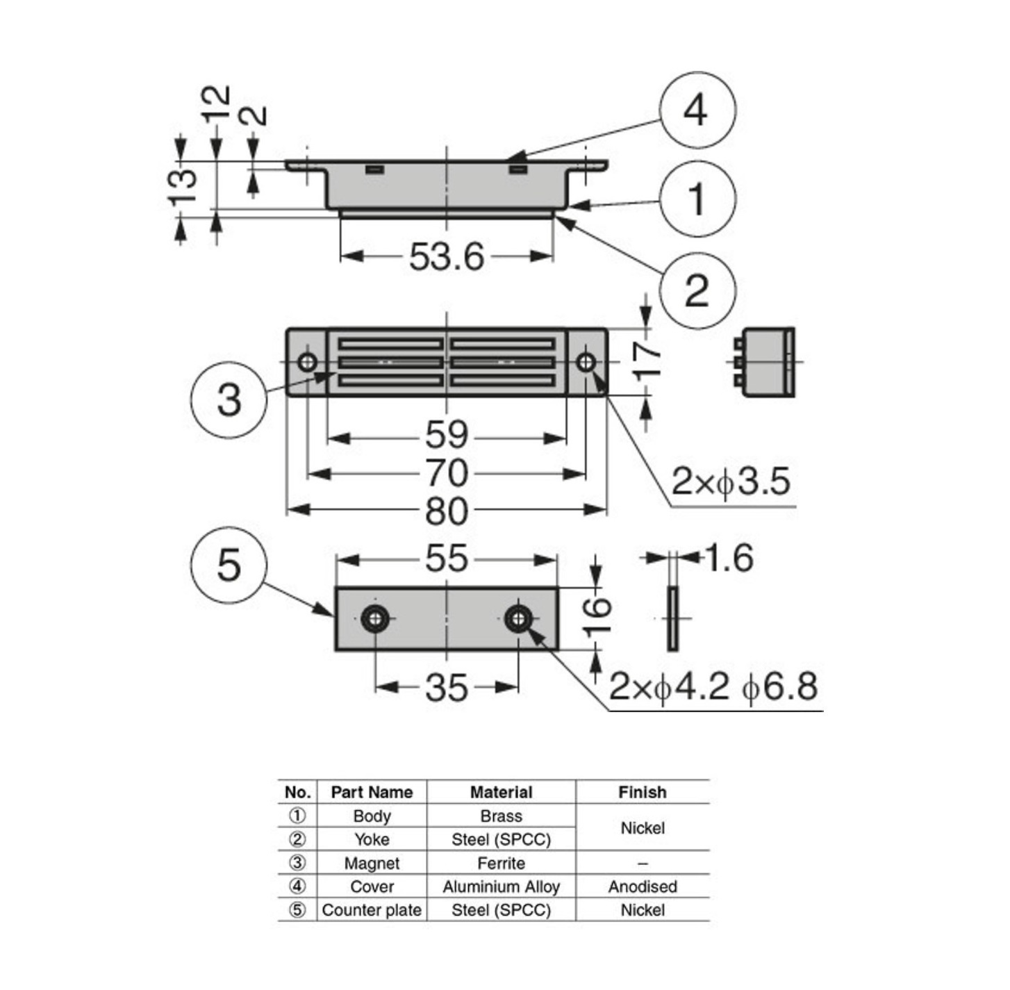Magnetic catch, brass, screw mounting, length=80, width=17, height=13
