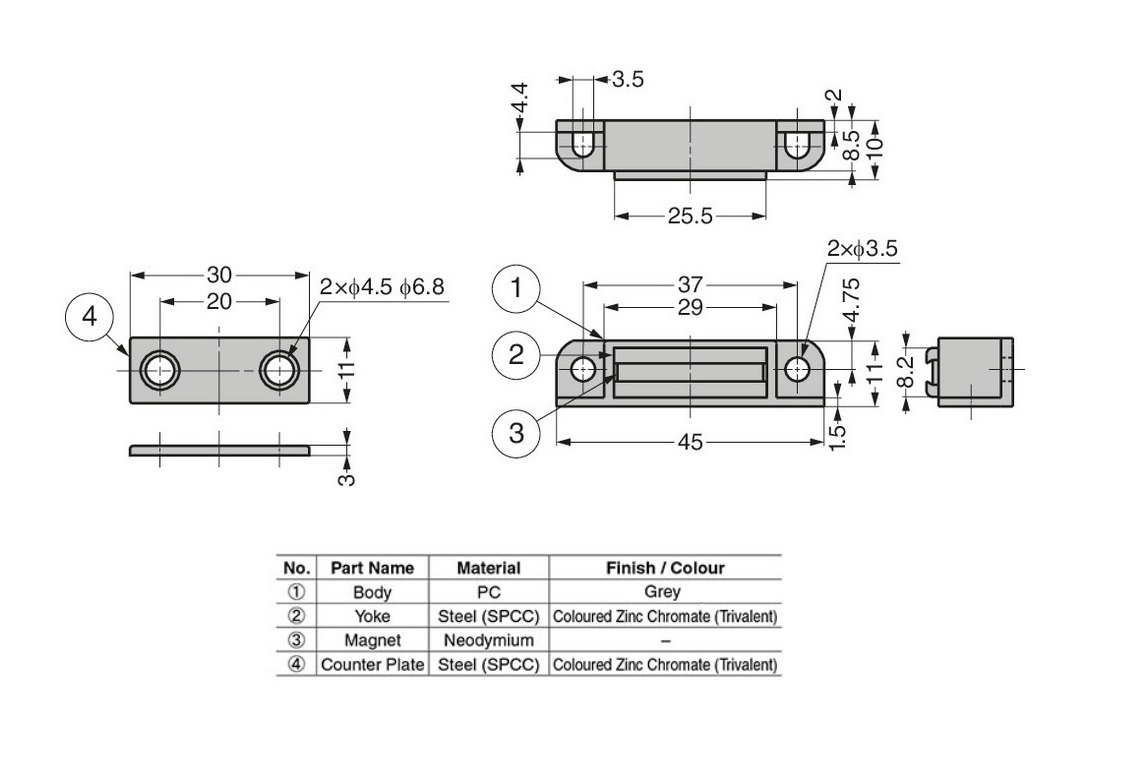 Magnetic catch, polycarbonate, screw mounting, length=45, width=11, height=10