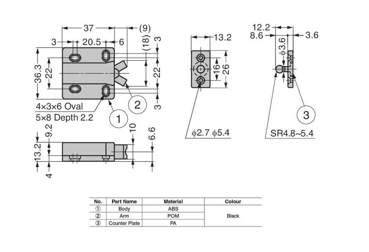 Knuckle catch, abs, screw mounting, length=43, width=36,3, height=13,2