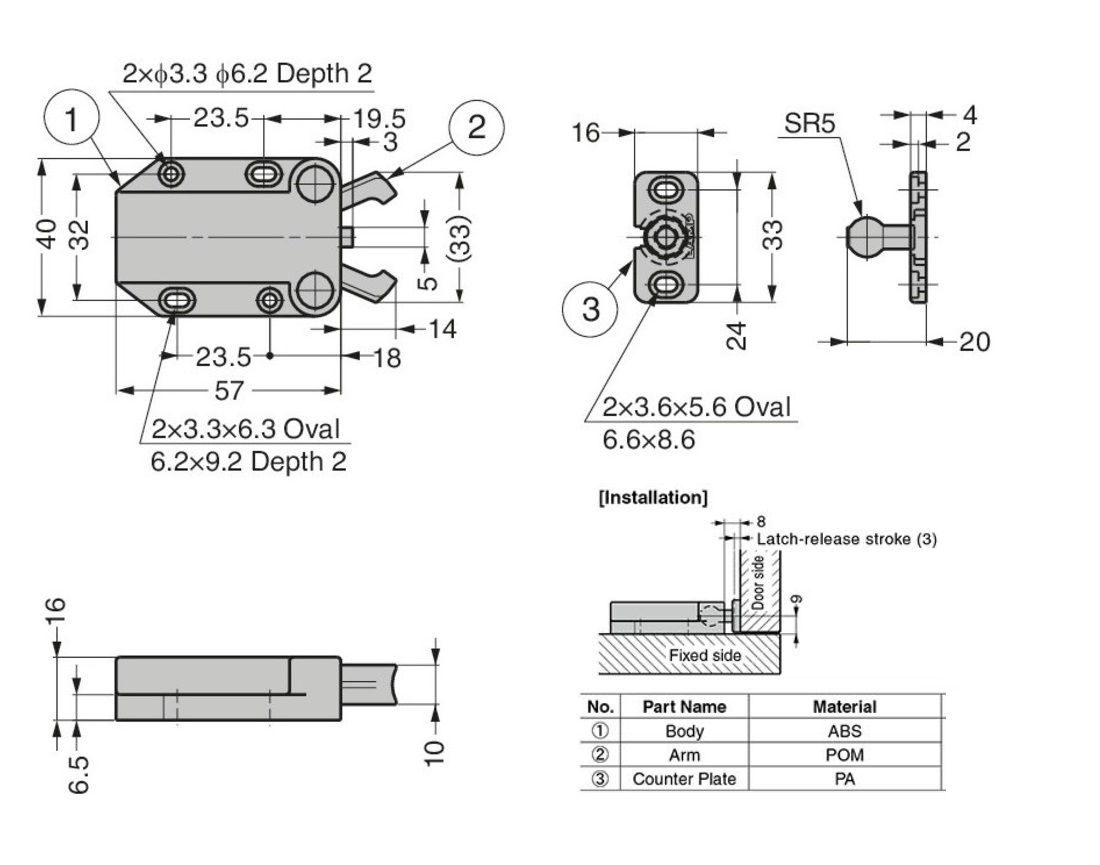 Knuckle catch, abs, screw mounting, length=71, width=40, height=16