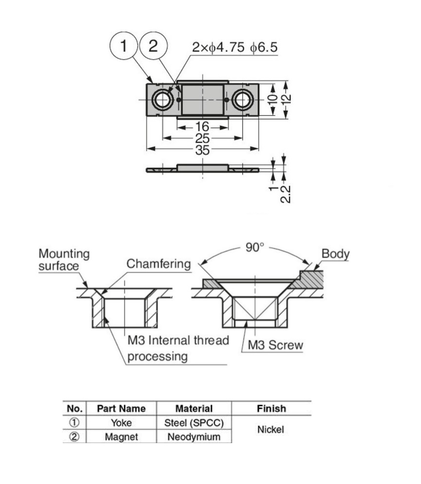 Magnetic catch, steel, screw mounting, length=35, width=12, height=2,2