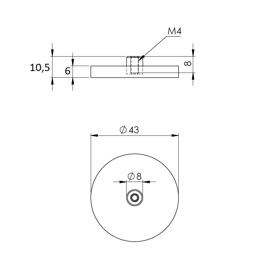 Rubber coated magnet, circular, M4, H=6mm , F=85N