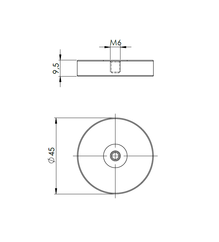 Rubber coated magnet, circular, M6, H=9,5mm , F=300N