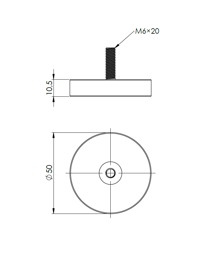 Rubber coated magnet, circular, M6, H=10,5mm , F=450N