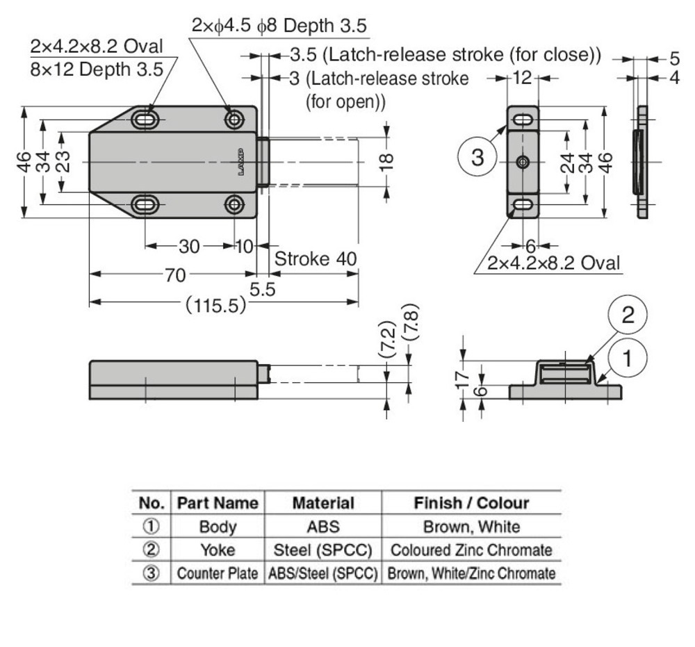 Magnetic catch, abs, screw mounting, length=75,5, width=46, height=17