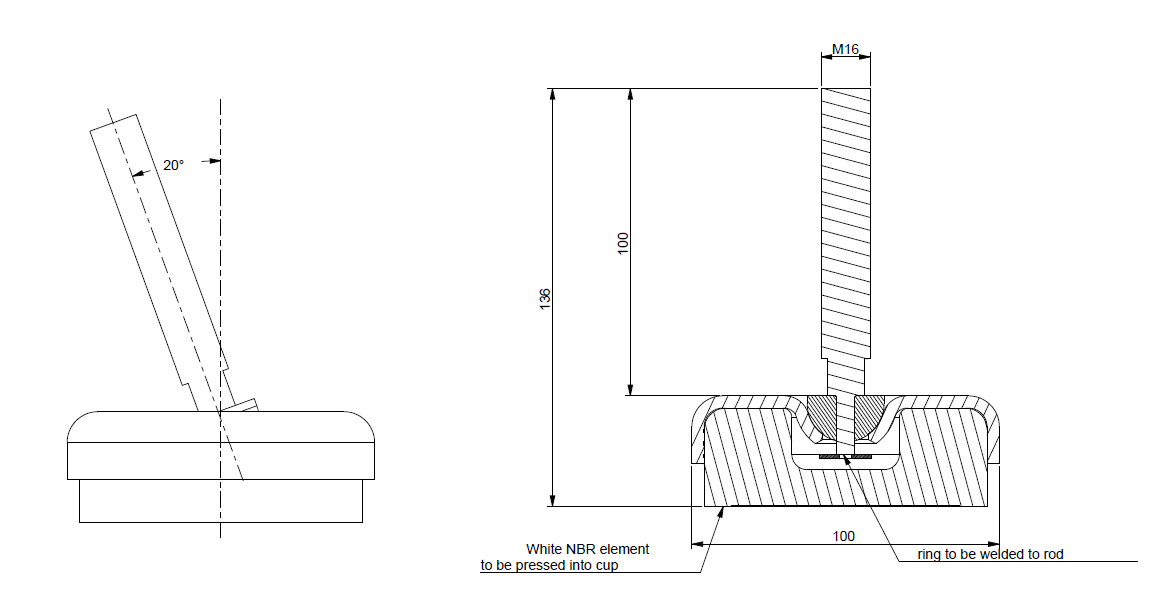 Levelling foot, stainless steel, tiltable threaded spindle, M16, base diameter = 100 mm
