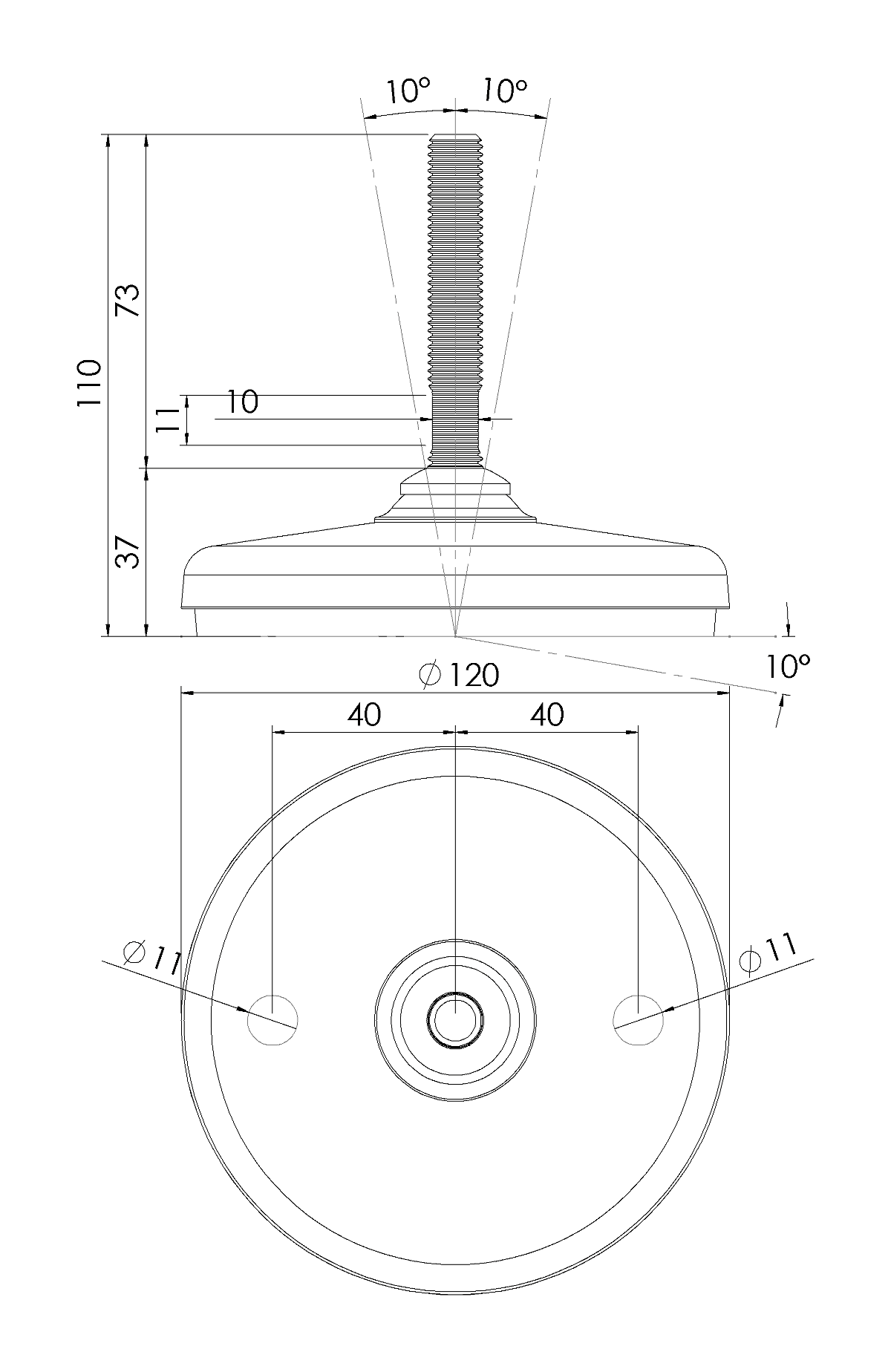Levelling foot, acid proof stainless steel, fixed threaded spindle, M12, base diameter = 120 mm
