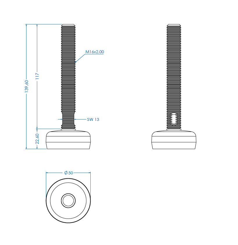Levelling foot, acid proof stainless steel, fixed threaded spindle, M16, base diameter = 50 mm