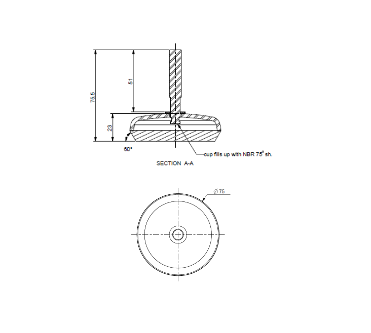 Levelling foot, stainless steel, fixed threaded spindle, M10, base diameter = 75 mm