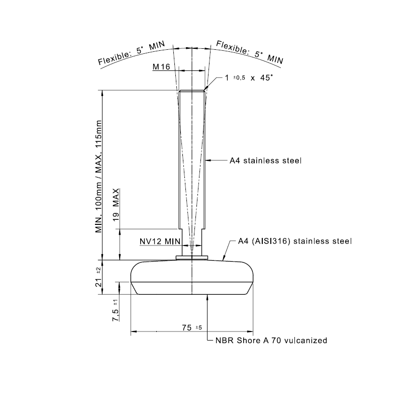 Levelling foot, acid proof stainless steel, fixed threaded spindle, M16, base diameter = 75 mm