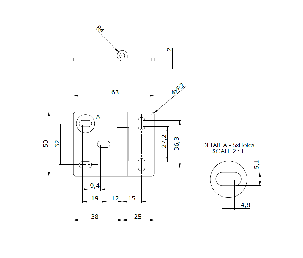 Butt hinge w/holes, stainless steel, L=50, B=63, T=2
