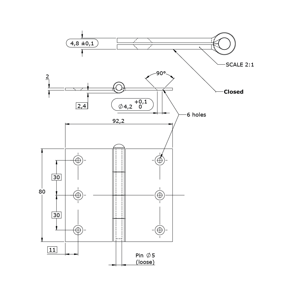 Butt hinge w/holes, steel, L=80, B=92,2, T=2
