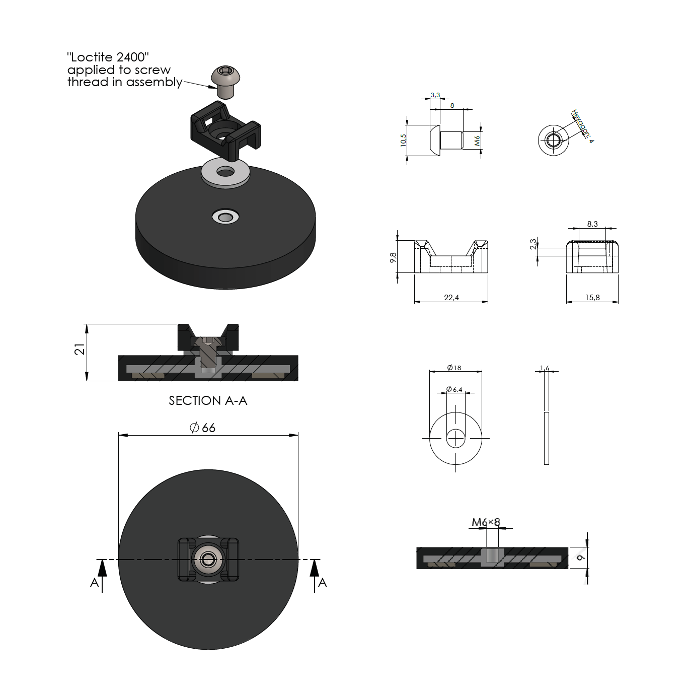 Rubber coated magnet, circular, M6, H=8,5mm , F=180N