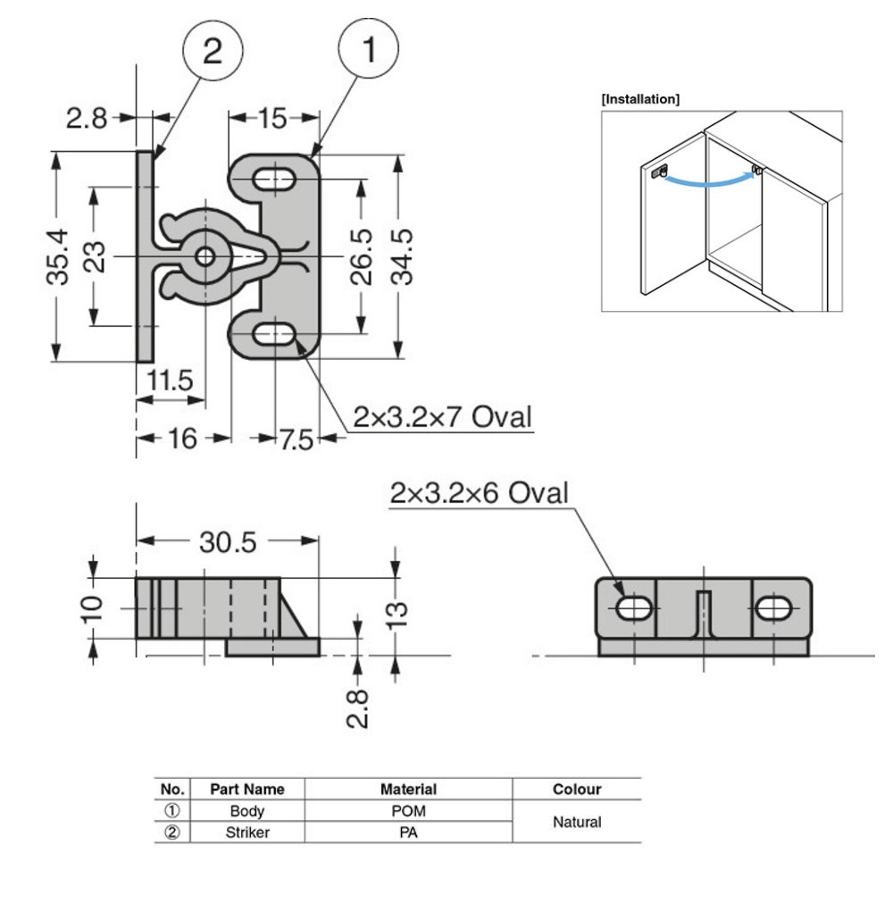 Knuckle catch, pom plastic, screw mounting, length=34,5, width=30,5, height=13