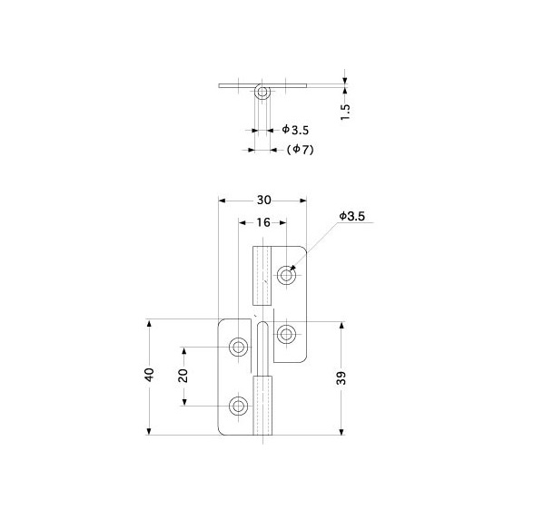 Butt hinge w/holes, stainless steel, L=40, B=30, T=1,5