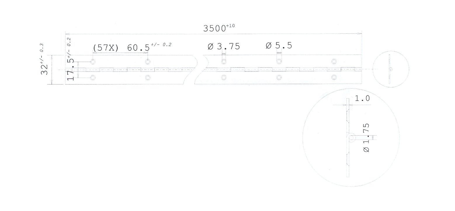 Piano hinge w/holes, stainless steel, L=3500, B=32, T=1