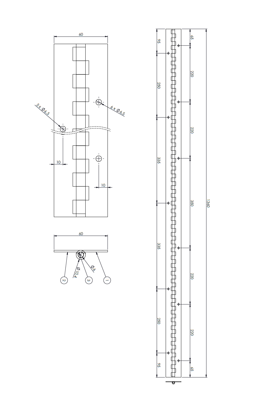 Piano hinge w/holes, steel, L=1360, B=60, T=2