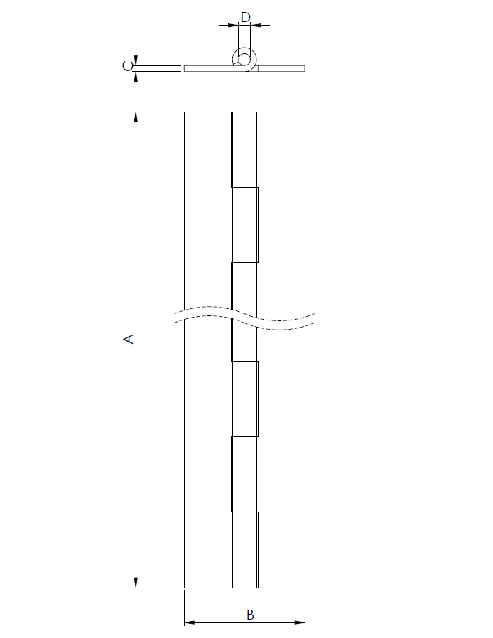 Piano hinge w/o holes, steel, L=3500, B=28, T=0,7