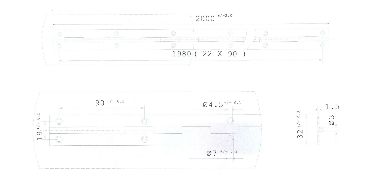 Piano hinge w/holes, steel, L=2000, B=32, T=1,5