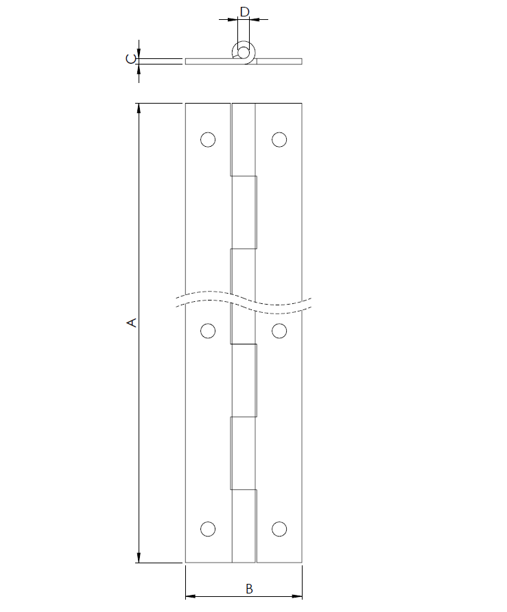 Piano hinge w/holes, steel, L=2000, B=40, T=2