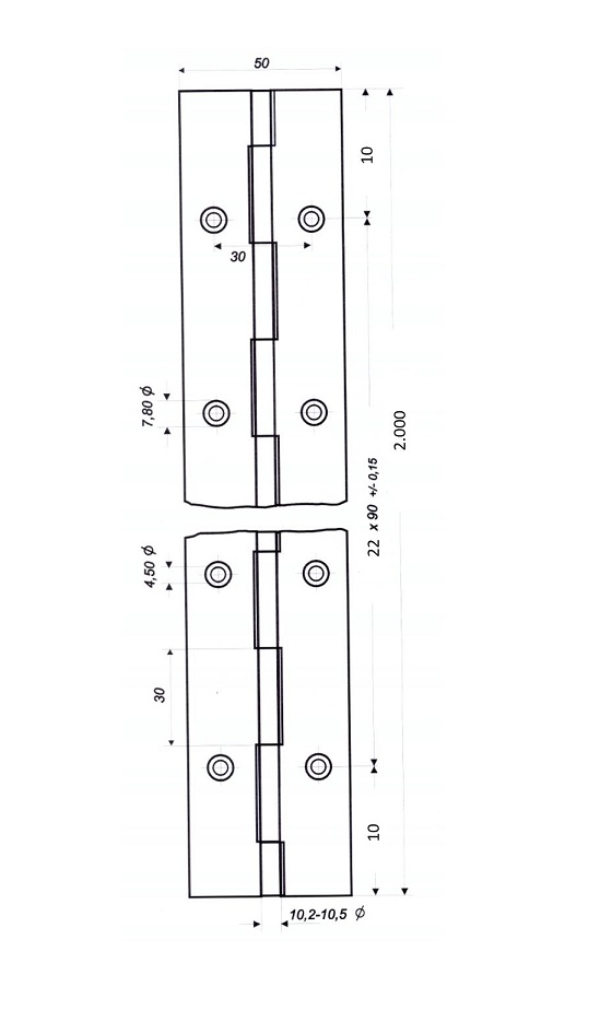 Piano hinge w/holes, steel, L=2000, B=50, T=2