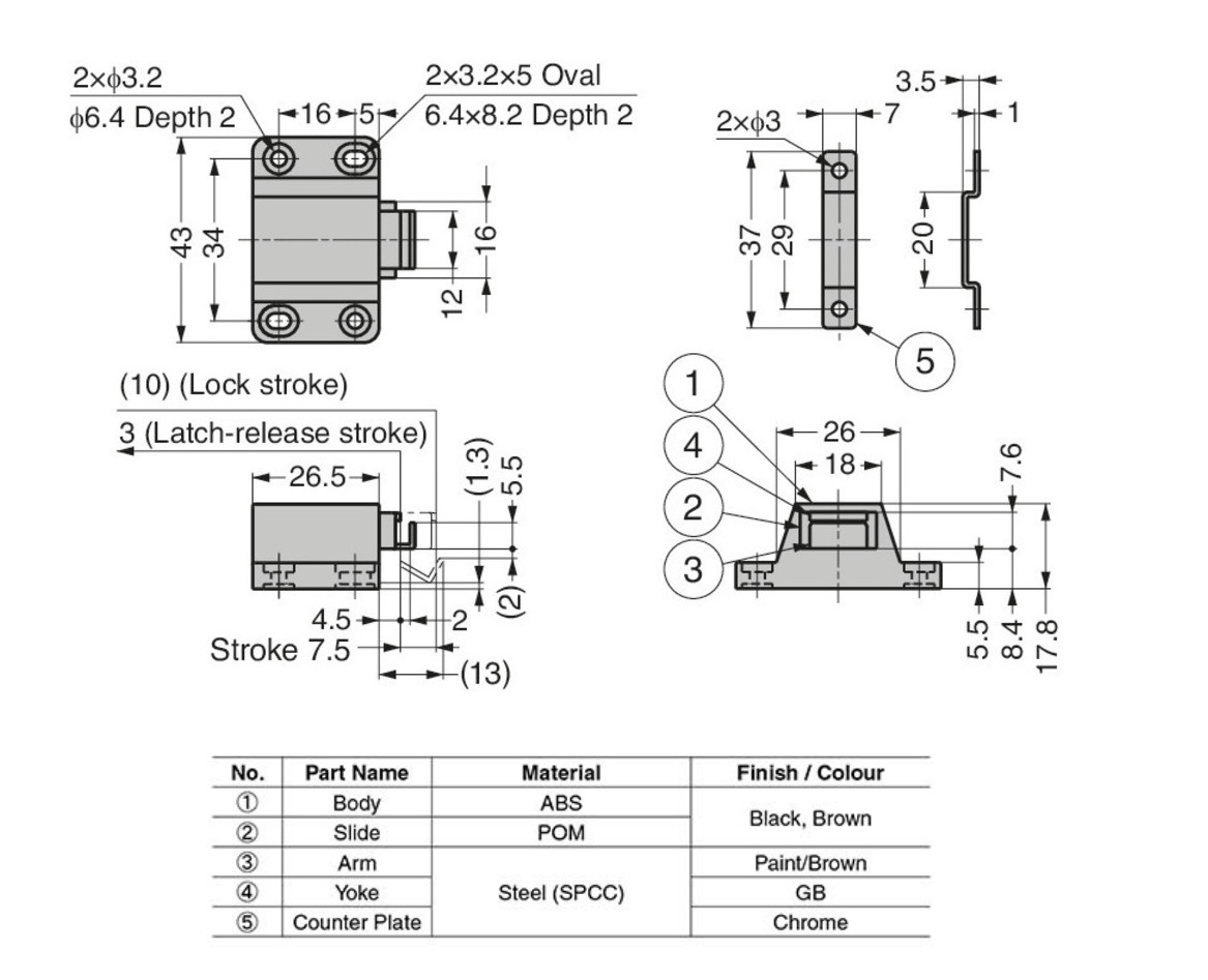 Knuckle catch, abs, screw mounting, length=43, width=33, height=17,8