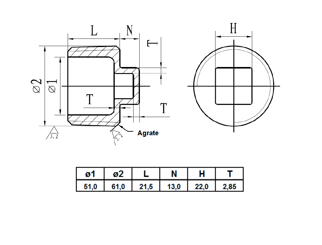 Screw plug, conical, acid proof stainless steel, diameter=61, 2 inches thread