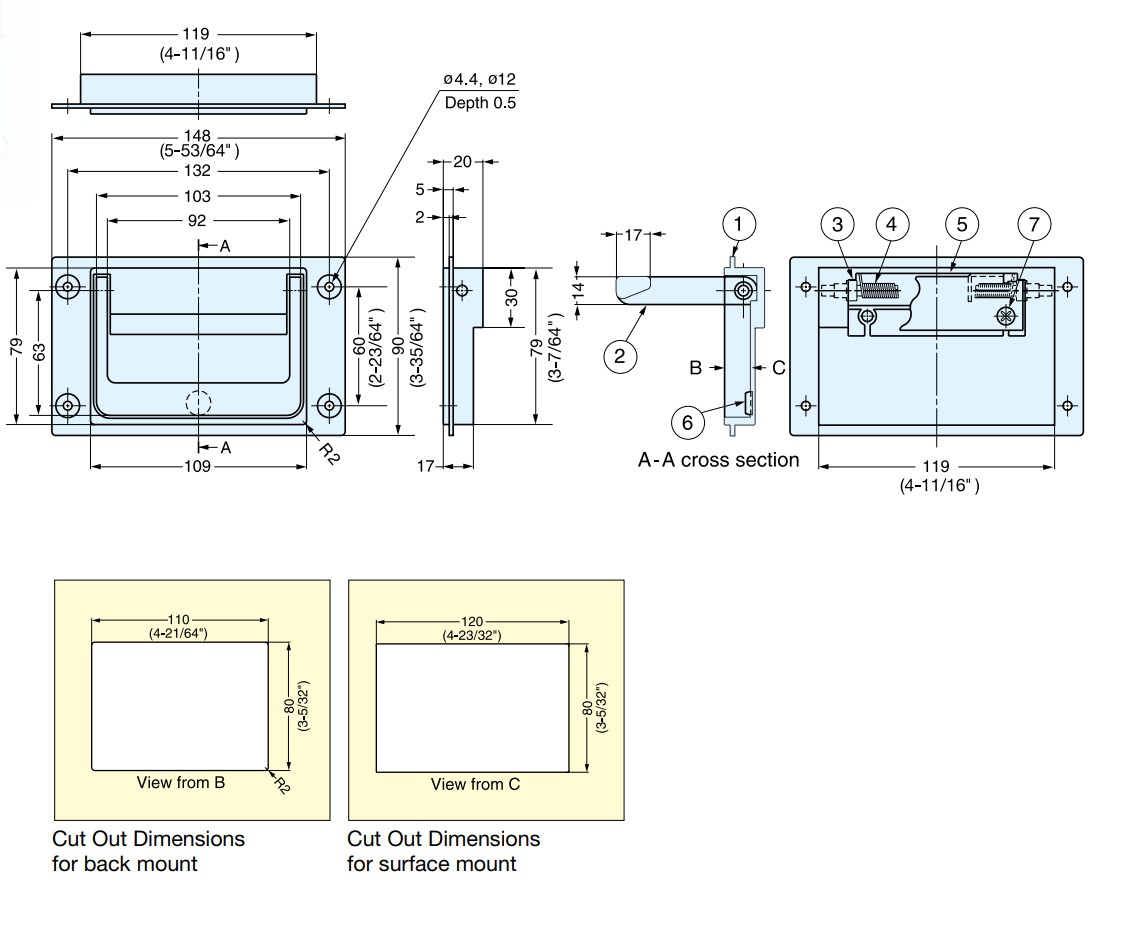 Chest handle, die-cast zinc, H= 90mm, B= 148mm